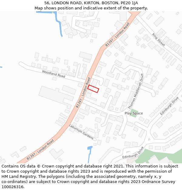 56, LONDON ROAD, KIRTON, BOSTON, PE20 1JA: Location map and indicative extent of plot