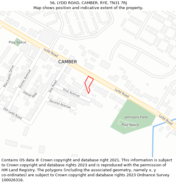 56, LYDD ROAD, CAMBER, RYE, TN31 7RJ: Location map and indicative extent of plot