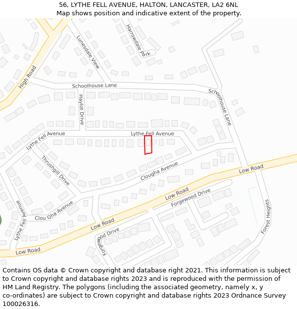 56, LYTHE FELL AVENUE, HALTON, LANCASTER, LA2 6NL: Location map and indicative extent of plot