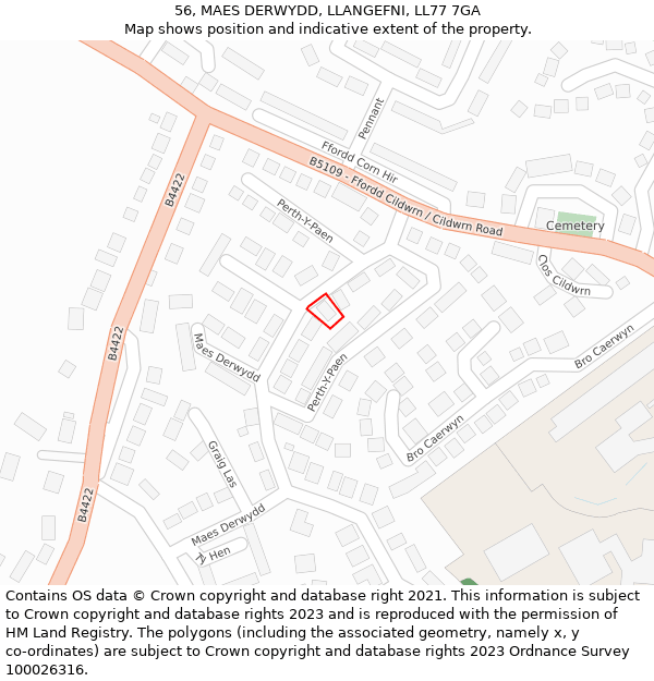 56, MAES DERWYDD, LLANGEFNI, LL77 7GA: Location map and indicative extent of plot