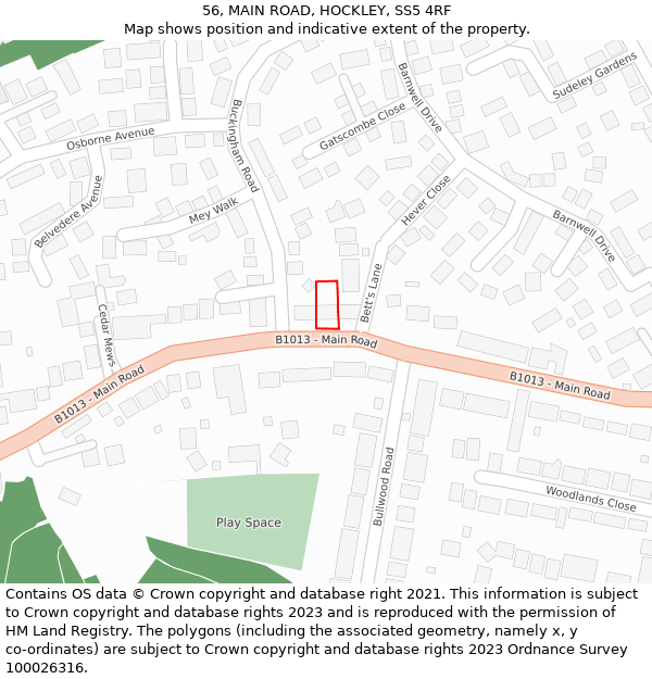 56, MAIN ROAD, HOCKLEY, SS5 4RF: Location map and indicative extent of plot