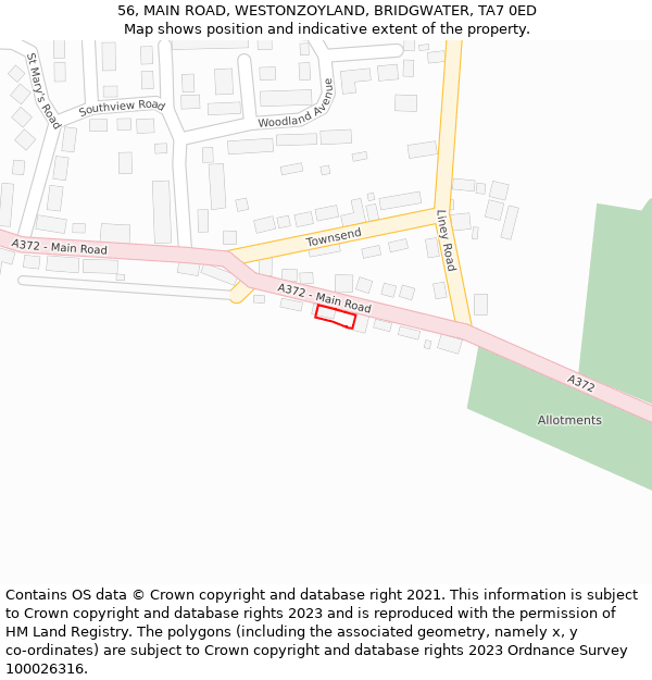 56, MAIN ROAD, WESTONZOYLAND, BRIDGWATER, TA7 0ED: Location map and indicative extent of plot