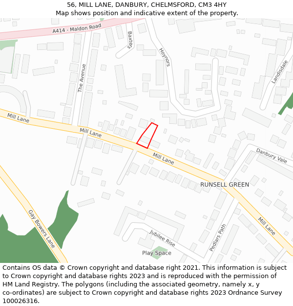 56, MILL LANE, DANBURY, CHELMSFORD, CM3 4HY: Location map and indicative extent of plot