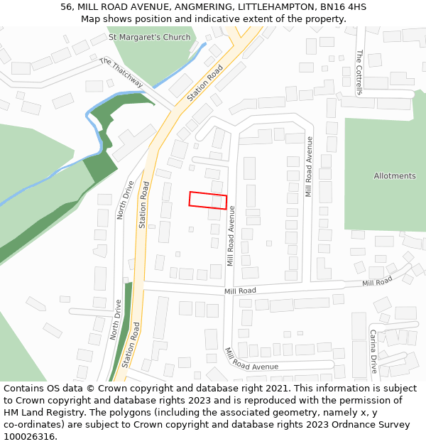 56, MILL ROAD AVENUE, ANGMERING, LITTLEHAMPTON, BN16 4HS: Location map and indicative extent of plot