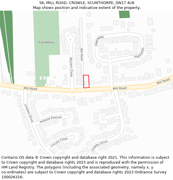 56, MILL ROAD, CROWLE, SCUNTHORPE, DN17 4LN: Location map and indicative extent of plot