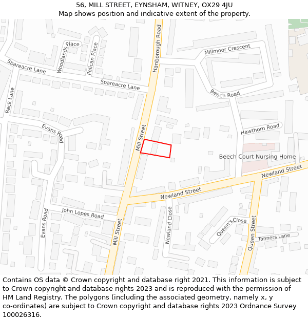 56, MILL STREET, EYNSHAM, WITNEY, OX29 4JU: Location map and indicative extent of plot