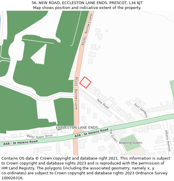 56, NEW ROAD, ECCLESTON LANE ENDS, PRESCOT, L34 6JT: Location map and indicative extent of plot