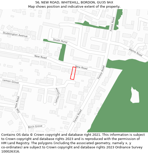 56, NEW ROAD, WHITEHILL, BORDON, GU35 9AX: Location map and indicative extent of plot