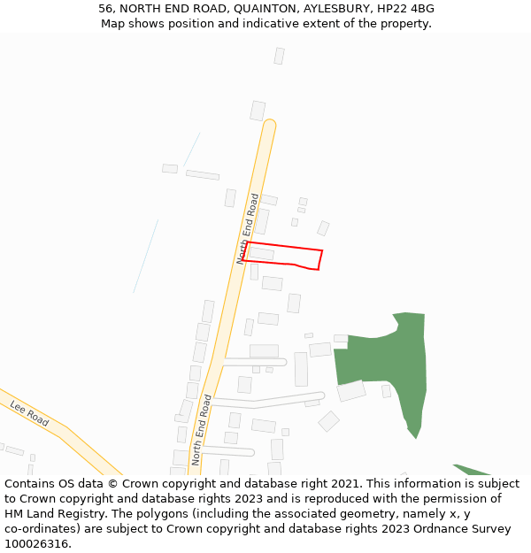 56, NORTH END ROAD, QUAINTON, AYLESBURY, HP22 4BG: Location map and indicative extent of plot
