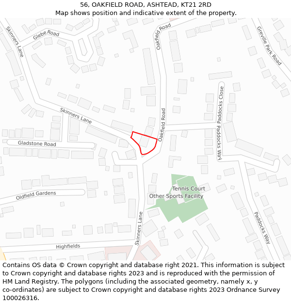 56, OAKFIELD ROAD, ASHTEAD, KT21 2RD: Location map and indicative extent of plot