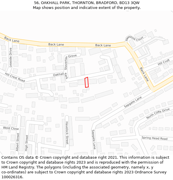 56, OAKHALL PARK, THORNTON, BRADFORD, BD13 3QW: Location map and indicative extent of plot