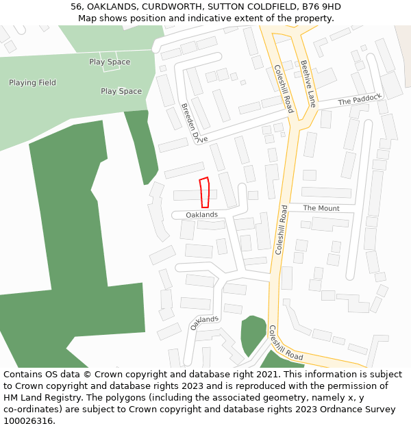 56, OAKLANDS, CURDWORTH, SUTTON COLDFIELD, B76 9HD: Location map and indicative extent of plot