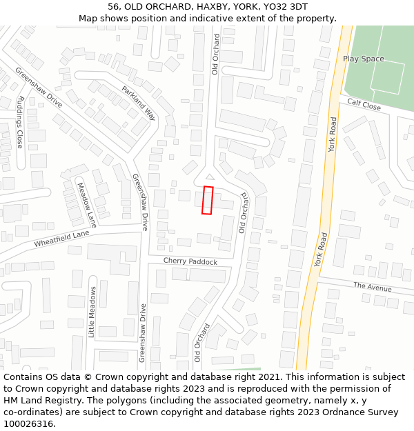 56, OLD ORCHARD, HAXBY, YORK, YO32 3DT: Location map and indicative extent of plot