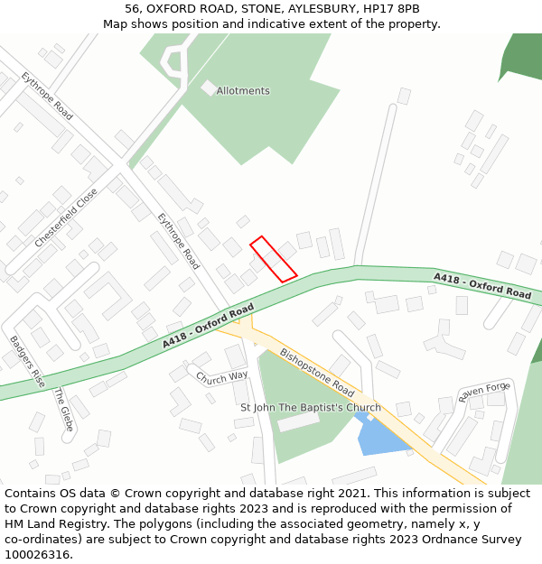 56, OXFORD ROAD, STONE, AYLESBURY, HP17 8PB: Location map and indicative extent of plot