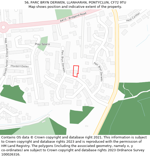 56, PARC BRYN DERWEN, LLANHARAN, PONTYCLUN, CF72 9TU: Location map and indicative extent of plot