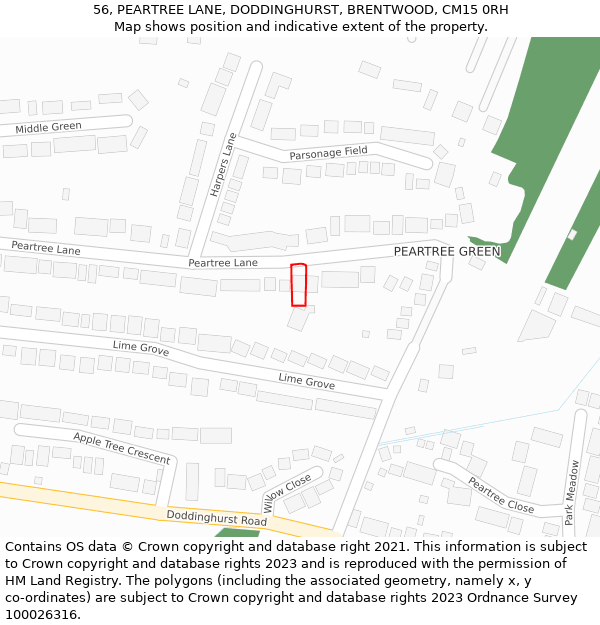 56, PEARTREE LANE, DODDINGHURST, BRENTWOOD, CM15 0RH: Location map and indicative extent of plot