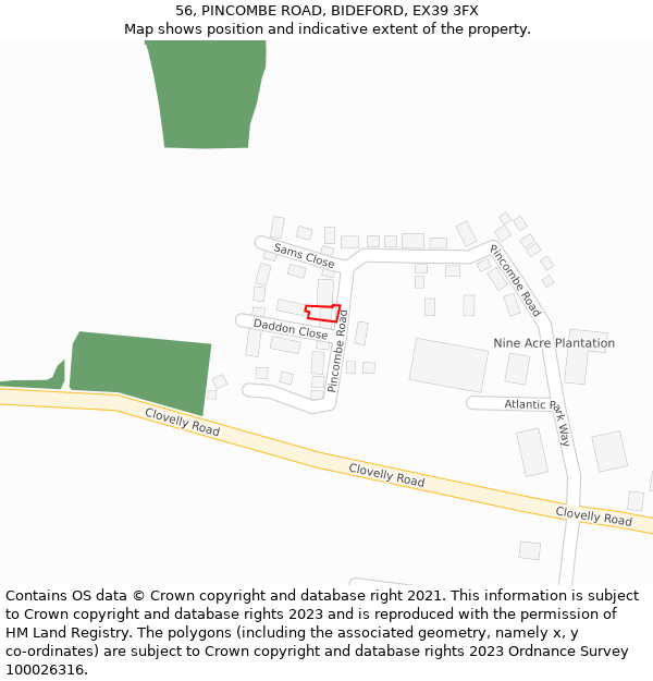 56, PINCOMBE ROAD, BIDEFORD, EX39 3FX: Location map and indicative extent of plot