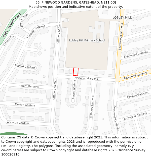 56, PINEWOOD GARDENS, GATESHEAD, NE11 0DJ: Location map and indicative extent of plot