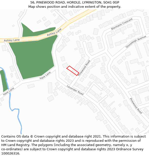 56, PINEWOOD ROAD, HORDLE, LYMINGTON, SO41 0GP: Location map and indicative extent of plot