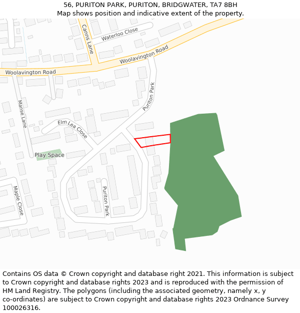 56, PURITON PARK, PURITON, BRIDGWATER, TA7 8BH: Location map and indicative extent of plot