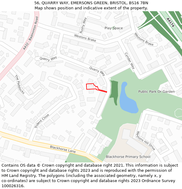 56, QUARRY WAY, EMERSONS GREEN, BRISTOL, BS16 7BN: Location map and indicative extent of plot