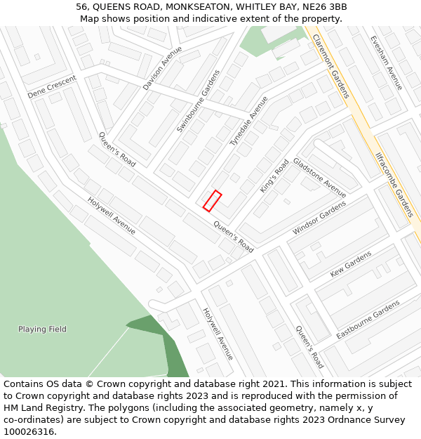56, QUEENS ROAD, MONKSEATON, WHITLEY BAY, NE26 3BB: Location map and indicative extent of plot