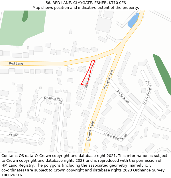 56, RED LANE, CLAYGATE, ESHER, KT10 0ES: Location map and indicative extent of plot