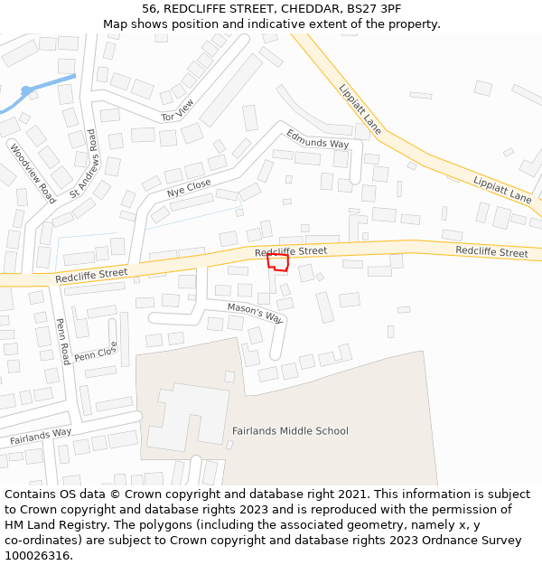 56, REDCLIFFE STREET, CHEDDAR, BS27 3PF: Location map and indicative extent of plot