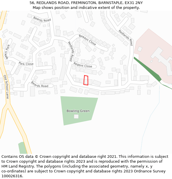 56, REDLANDS ROAD, FREMINGTON, BARNSTAPLE, EX31 2NY: Location map and indicative extent of plot