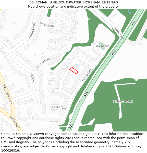 56, ROMAN LANE, SOUTHWATER, HORSHAM, RH13 9AG: Location map and indicative extent of plot