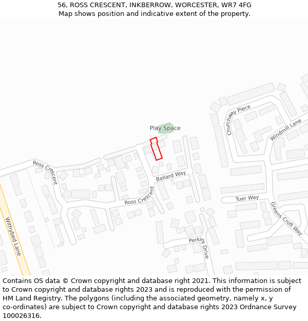 56, ROSS CRESCENT, INKBERROW, WORCESTER, WR7 4FG: Location map and indicative extent of plot