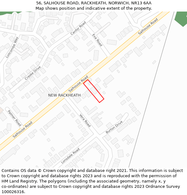 56, SALHOUSE ROAD, RACKHEATH, NORWICH, NR13 6AA: Location map and indicative extent of plot