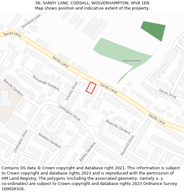 56, SANDY LANE, CODSALL, WOLVERHAMPTON, WV8 1EN: Location map and indicative extent of plot