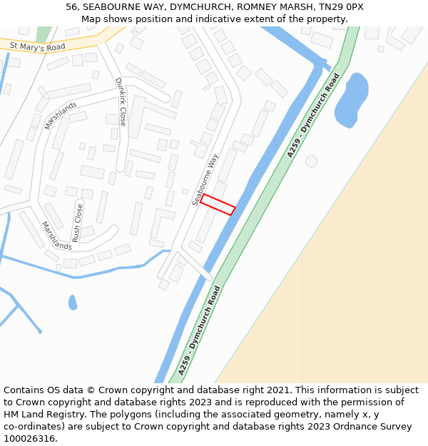 56, SEABOURNE WAY, DYMCHURCH, ROMNEY MARSH, TN29 0PX: Location map and indicative extent of plot