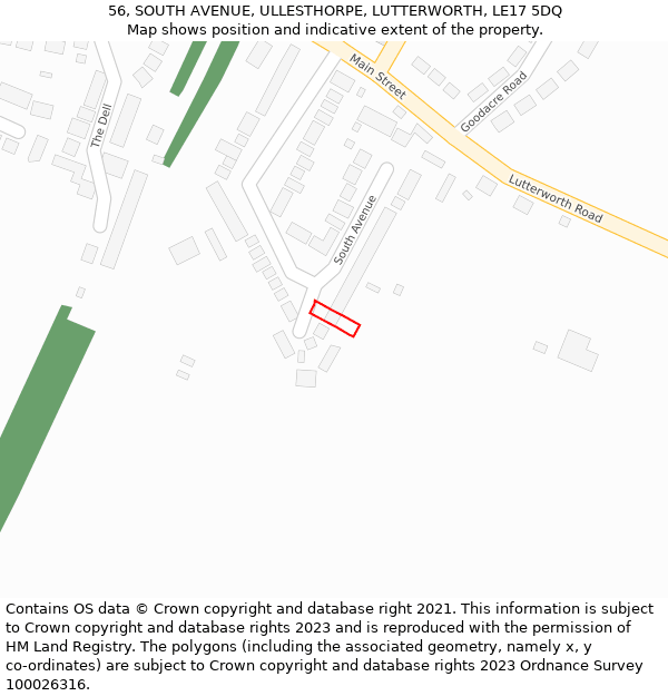 56, SOUTH AVENUE, ULLESTHORPE, LUTTERWORTH, LE17 5DQ: Location map and indicative extent of plot