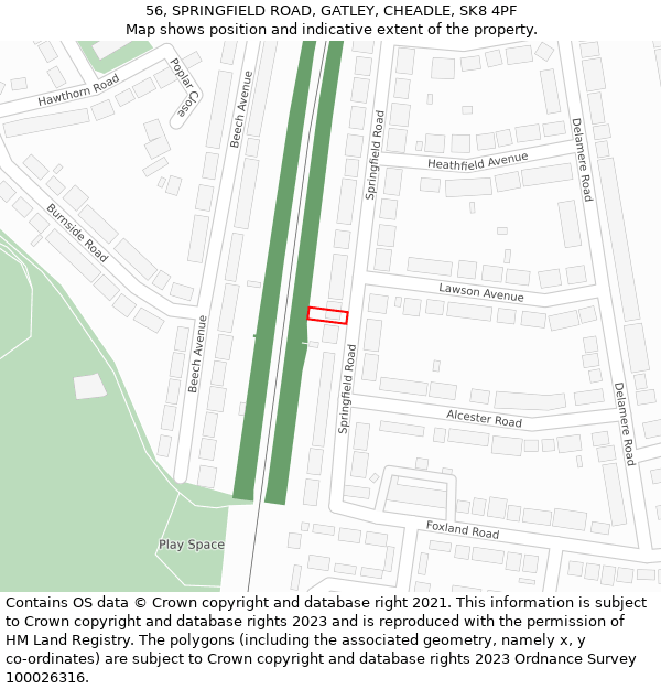 56, SPRINGFIELD ROAD, GATLEY, CHEADLE, SK8 4PF: Location map and indicative extent of plot