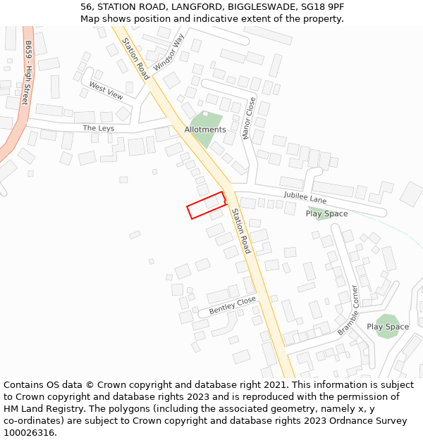 56, STATION ROAD, LANGFORD, BIGGLESWADE, SG18 9PF: Location map and indicative extent of plot