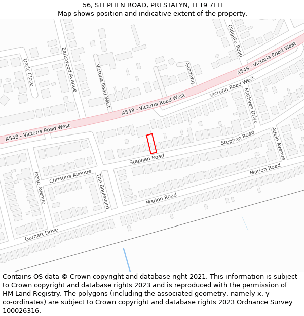 56, STEPHEN ROAD, PRESTATYN, LL19 7EH: Location map and indicative extent of plot