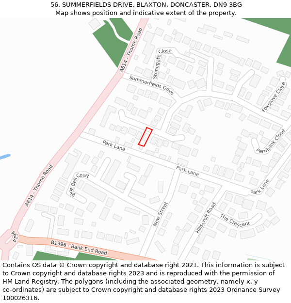 56, SUMMERFIELDS DRIVE, BLAXTON, DONCASTER, DN9 3BG: Location map and indicative extent of plot