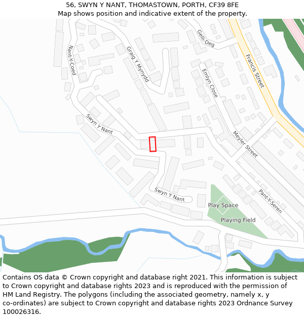 56, SWYN Y NANT, THOMASTOWN, PORTH, CF39 8FE: Location map and indicative extent of plot