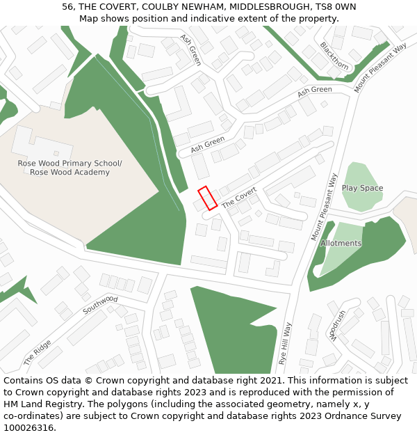 56, THE COVERT, COULBY NEWHAM, MIDDLESBROUGH, TS8 0WN: Location map and indicative extent of plot