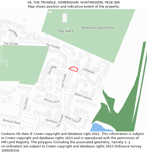 56, THE TRUNDLE, SOMERSHAM, HUNTINGDON, PE28 3JW: Location map and indicative extent of plot