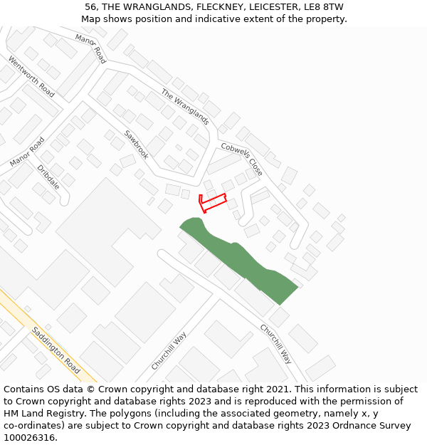 56, THE WRANGLANDS, FLECKNEY, LEICESTER, LE8 8TW: Location map and indicative extent of plot