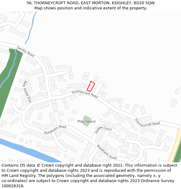 56, THORNEYCROFT ROAD, EAST MORTON, KEIGHLEY, BD20 5QW: Location map and indicative extent of plot