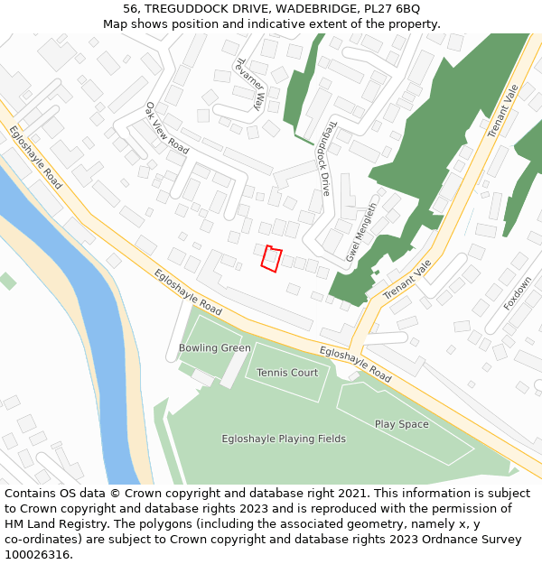 56, TREGUDDOCK DRIVE, WADEBRIDGE, PL27 6BQ: Location map and indicative extent of plot