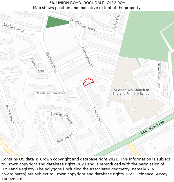 56, UNION ROAD, ROCHDALE, OL12 9QA: Location map and indicative extent of plot