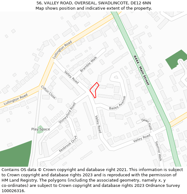 56, VALLEY ROAD, OVERSEAL, SWADLINCOTE, DE12 6NN: Location map and indicative extent of plot