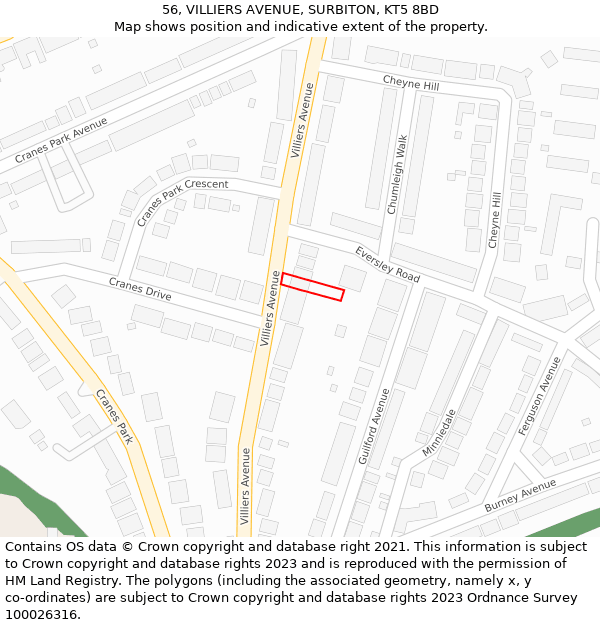 56, VILLIERS AVENUE, SURBITON, KT5 8BD: Location map and indicative extent of plot