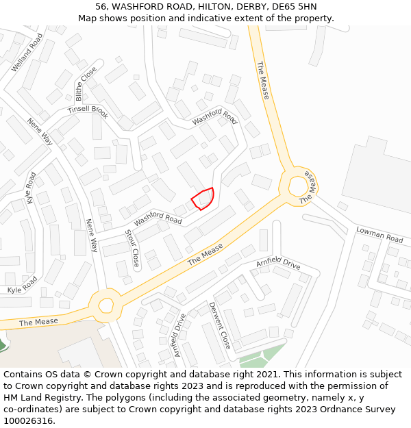 56, WASHFORD ROAD, HILTON, DERBY, DE65 5HN: Location map and indicative extent of plot