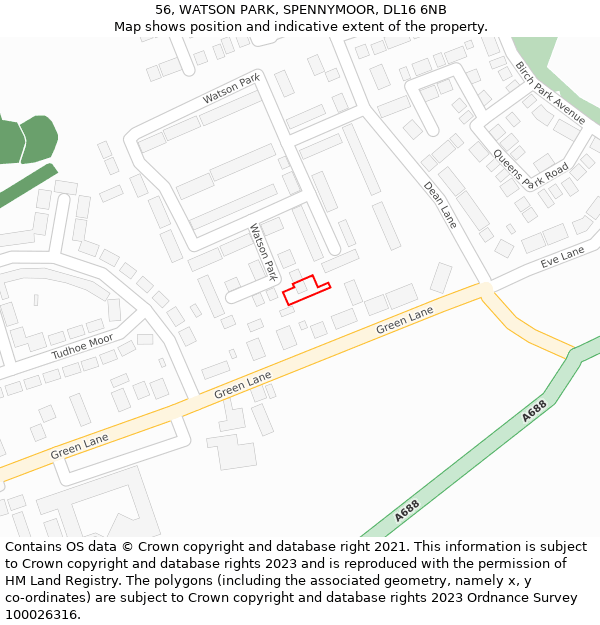 56, WATSON PARK, SPENNYMOOR, DL16 6NB: Location map and indicative extent of plot